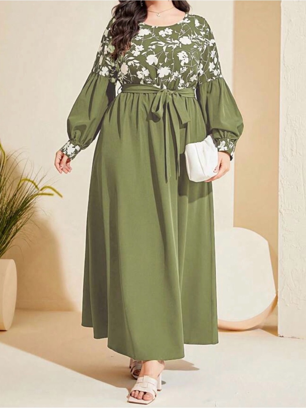 SHEIN Plus Floral Print Lantern Sleeve Belted Dress Maxi Dress